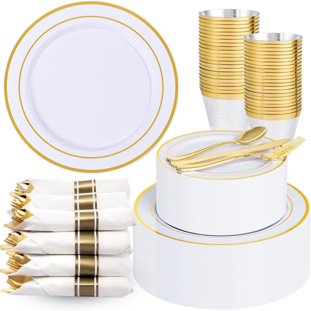 Sykomo 175PCS Disposable Plastic Plates,Gold Plastic Dinnerware Set Includes 25 Dinner Plates, 25 Dessert Plates, 25 Pre Rolled Napkins with Gold Silverware, 25 Cups for Party, Wedding, Birthday (White and Gold)