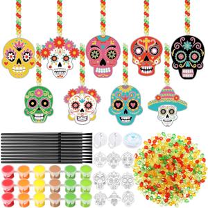 Pasimy 36 Sets Day of The Dead Suncatchers Paint Craft Kits Dia De Los Muertos Window Hanging Ornaments Decorations DIY Paint Your Own Sugar Skull Skeleton Art Project Halloween Party Favors Gifts