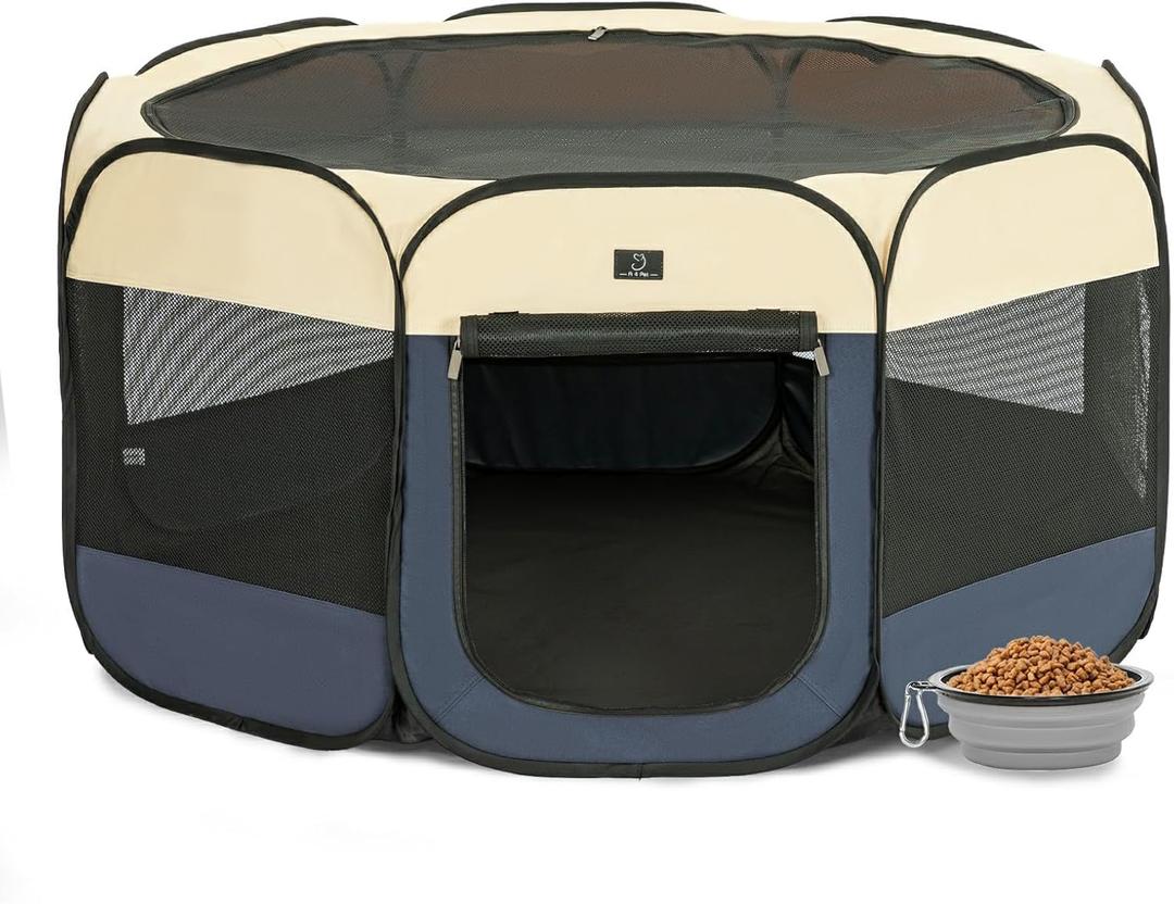 Portable Indoor Dog Playpen for Small Dogs & Puppies by A 4 Pet  40.55" Pop-Up Soft Puppy Playpens with Bowl, Waterproof Floor, Calm Safe Space for Home, Travel & Daily Use (Blue+Beige)