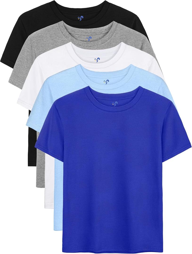 5 Pack Boys Shirts Short Sleeve Shirts for Boys Cotton T-Shirts Kids Toddler Tshirts Tees Clothes Summer Tops (7-8 Years, Black, Light Blue, Gray, Benzo Blue, White)