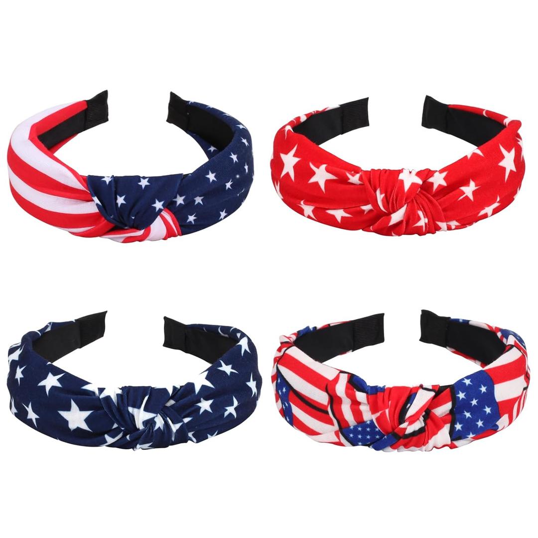 4th of July Headbands for Women Girls American Wide Knottted Headband USA Blue Star Rhinestone Patriotic Headbands Crystal Jeweled Hairband Hair Accessories, 4 Pcs
