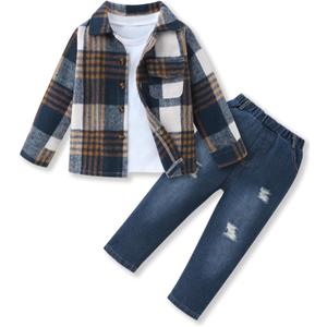 FoWear Toddler Boy Clothes Long Sleeve Flannel Button Down Plaid Shirt+White T-shirt+Pants Boys Clothes Fall/ Winter 2-3T