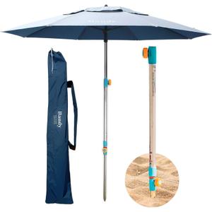 Handy Beach Umbrella & Anchor System, Large 7ft Silver Coated UPF 55 Canopy, 10 Second Installation, Wind Resistant, Durable, Lightweight, Comfortable Dual Pocket Bag Included