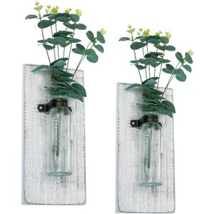 Zelura 2 Pack Wood Glass Wall Vases and Plants Artificial, Indoor Wood Hanging Vase, Modern Farmhouse Wall Decor for Bathroom Office and Living Room, Farmhouse Sconces Wall Decor (White)