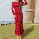 ZESICA Women's Long Sleeve Floral Maxi Dress 2026 Fall Off Shoulder Bodycon Ruched Mesh Cocktail Wedding Guest Dresses (Red, L)