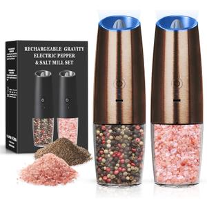 Rechargeable Salt And Pepper Grinder Set with LED Light, Automatic Electric Gravity Salt And Pepper Shakers Set, No Battery Needed, Adjustable Roughness, 2 Pack (Copper)