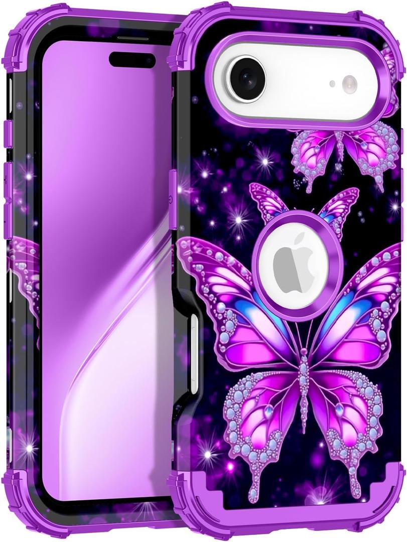 Rancase for iPhone Air Case,Three Layer Heavy Duty Shockproof Protection Hard Plastic Bumper +Soft Silicone Rubber Protective Case for Apple iPhone 17 Air 6.5 inch,Glow in The Dark-Purple