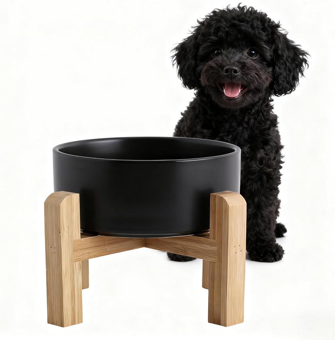 Elevated/Raised Ceramic Dog Bowl with Bamboo Stand6 Inch 3.6 Cups Non Slip Heavy Weighted Single Pet Dish, for Small Medium Breed & Cats,Reduces Neck Strain Black