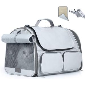 FUKUMARU Cat Carrier, Soft-Sided Small Dog Carrier, Large Cat Travel Bag with 4 Mesh Windows, Under 15 lb Airline Approved Pet Carrier with 4 Storage Pockets, Rollable Cover for Nervous Cats, Grey