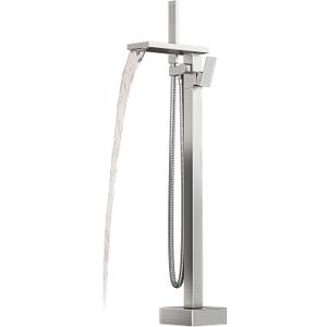 Freestanding Bathtub Faucet with Handheld Spray Single,High Flow Waterfall Bath Shower Faucet,Floor Mount Bathtub Faucet Swivel Flat Waterfall Spout Brushed Nickel
