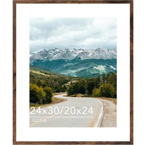 Wood 24x30 Picture Frame with 20x24 Mat, Display 20x24 with Mat or 24x30 Without Mat, Wood 24 by 30 Photo Frame, 24 x 30 Frame for Wall Hanging Display, Deep Brown