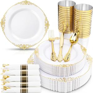 Nervure 350PCS Gold Plastic Plates - Gold Plastic Dinnerware Sets for 50 Guests - 100 Disposable Plates, 150 Silverware, 50 Cups, 50 Napkins for Wedding & Party