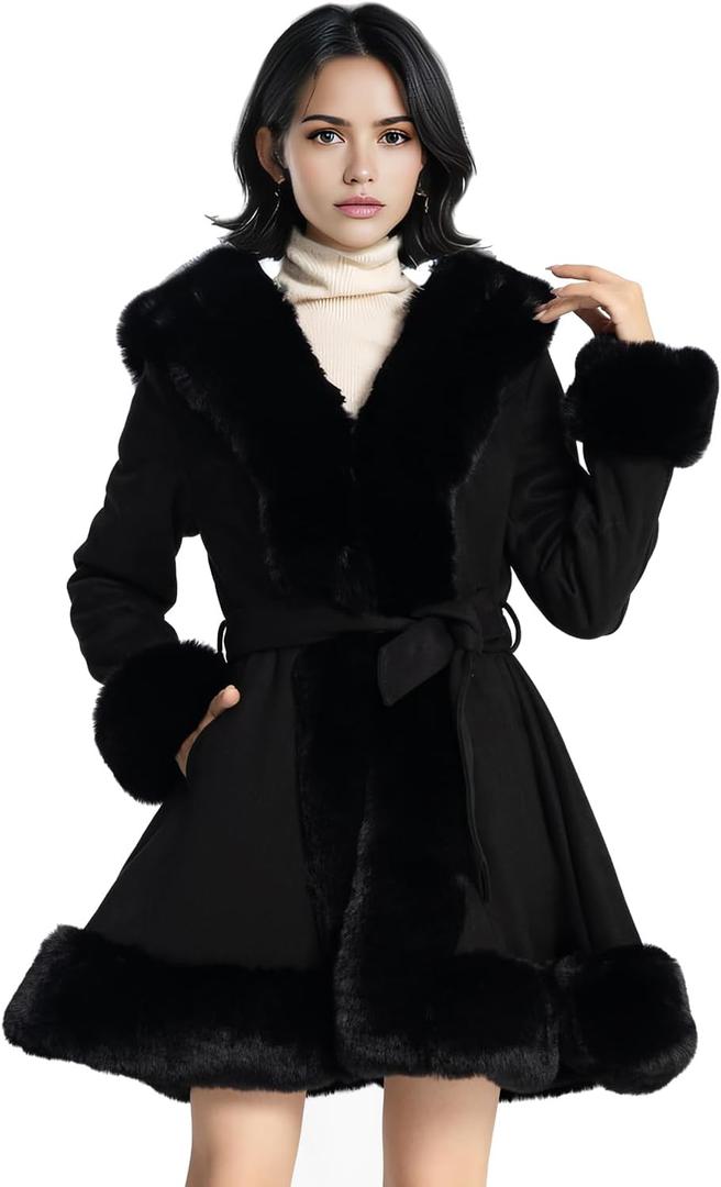 NXBC Winter Faux Fur Coats for Women,Faux Fur Leather Jacket Women,Winter Long Sleeve Furry Trim Peplum Parka Coat with Belt (Large, Black) 