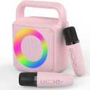 Karoke Machine with 2 Wireless Mics, Portable Karaoke Microphone Toys with Colorful Lights and Magic Voices for Camping Party, Birthday Gift for Ages 3+ Kids Boys Girls Teenager Adults