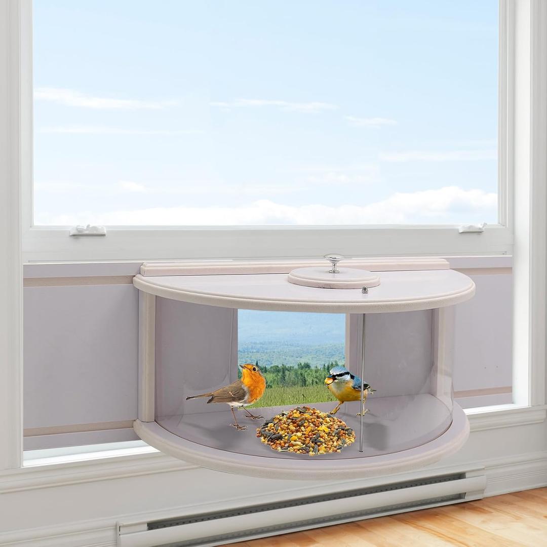 180 View Window Bird Feeder - Durable and Elegant Wood Design for Outdoors and Indoor Viewing - Bring Joy to Your Home With This Small White Feeder (Large)