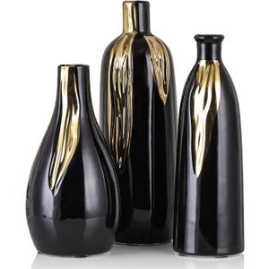 Ceramic Vase 3 Piece Set, Gold and Black Vases for Home Decor, Decorative Vases for Mantel, Shelf and Entryway Decor, Dining Table Centerpieces, Living Rooms, Fireplaces and Kitchen Decor.
