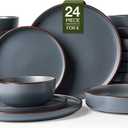 Famiware Mercury Dinnerware Sets with Pasta Bowls, Service for 6 (24 Pieces), Stoneware Plates and Bowls Sets, Microwave and Dishwasher Safe Dishes Set, Charcoal