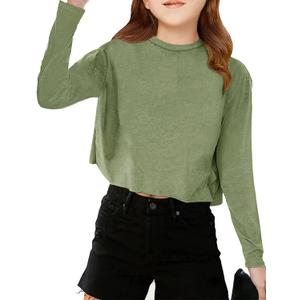 Girls Long Sleeve Crop Tops Kids Fashion Loose Crew Neck Cropped T-Shirts Casual Basic Tees (13-14 Years, Army Green)