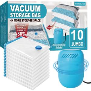 Vacuum Storage Bags with Electric Pump, 10 Jumbo Space Saver Bags Vacuum Seal Bags with Pump, Space, Vacuum Sealer Bags for Clothes, Comforters, Blankets, Bedding