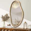 JJUUYOU Irregular Wood Mirror Asymmetrical Bathroom Wall Mounted Mirror 34"x22" Large Horizontal or Vertical Hanging Wall Mirrors for Makeup Bedroom Living Room Wood