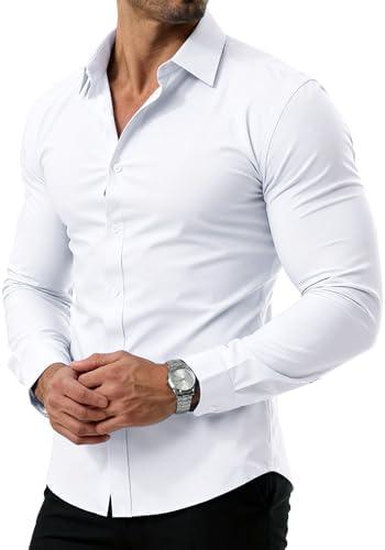PLEPAN Men's Dress Shirt Slim Fit Stretch Stain Proof Wrinkle-Free Long Sleeve Business Wedding Button Down Shirts L