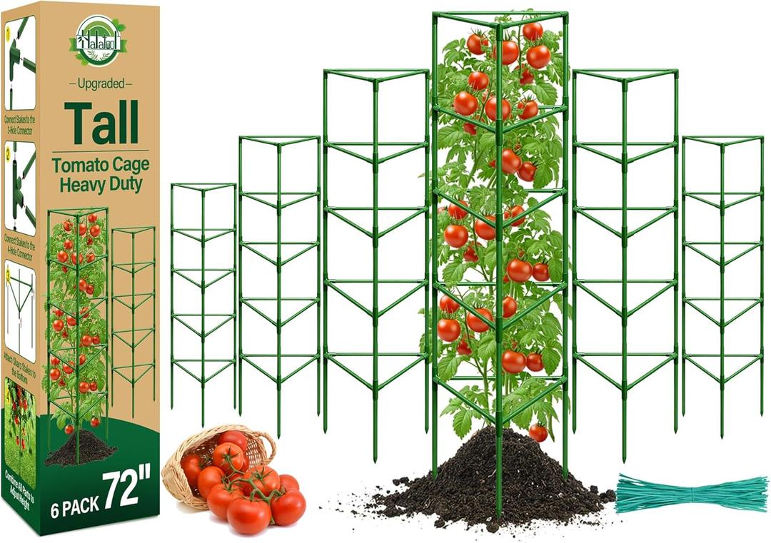 Halatool 6 Pack Extra Tall Tomato Cages for Garden, 72 Inch Heavy Duty Metal Plant Support Stakes for Climbing Plants, Adjustable Large Trellis for Outdoor Raised Garden Bed Vegetables Flowers Fruits
