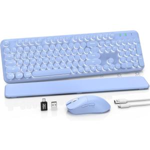 Wireless Keyboard and Mouse Combo, Backlit Round Keycaps, Retro Typewriter Keyboard with Detachable Wrist Rest, Rechargeable & Tilt Legs, 2.4GHz Cordless Connection for Windows/PC (Glowing Purple)