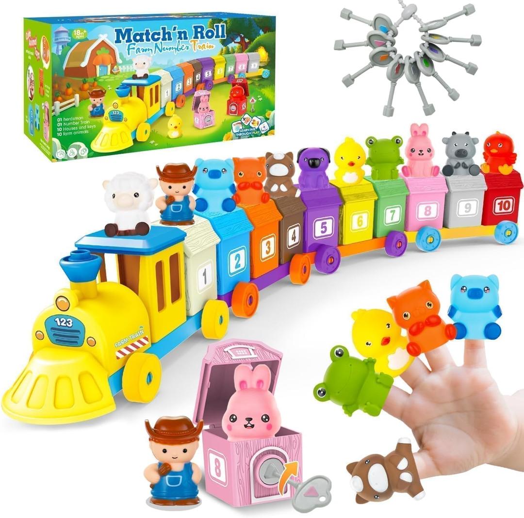 BOLZRA Farm Animals Train Set for Toddlers 2 3 4 Years Old, Counting, Matching, Sorting Montessori Learning Toy with 11 Finger Puppets,Keys,Barns, Educational Christmas Birthday Gift for Kids