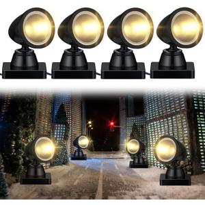 Kingdder 4 in 1 Accessories for Villages Building Light Christmas Village Collection Round Spotlights Battery Operated LED Light with Switch for Christmas Landscape(Warm White,4 Pcs)