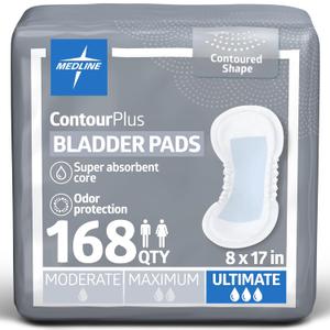 Medline ContourPlus Bladder Pads, Women & Men, Discreet, Long Length, Incontinence, Overnight, Postpartum, Leaks, Ultimate Absorbency, 8x17, 168-Count
