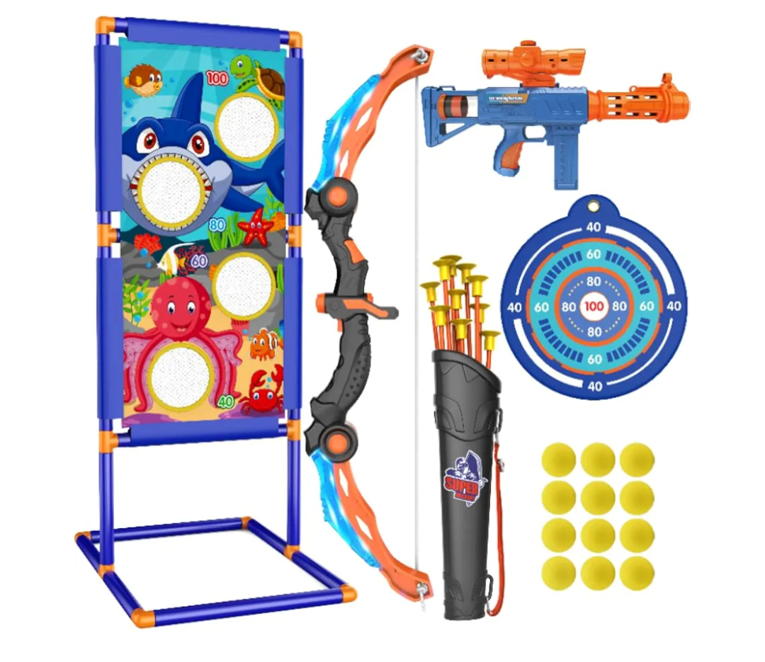 Kids Bow and Arrow Set, 2 in 1 Shooting Game with LED Light Up Archery Toy, Foam Balls, Suction Cup Arrows, Target, Quiver, Indoor Outdoor Toys for Kids Boys Girls Gifts