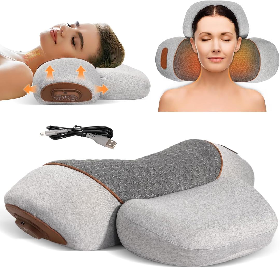 3-in-1 Neck Massager Pillow, Pillow Massage Neck Hump Ergonomics Massager for Pain Relief Deep Tissue with Heating Traction & Vibration Massage - Grey