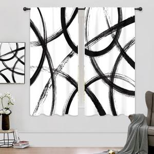 Riyidecor Black White Absract Curtains Minimalist Graffiti Aesthetic Ink Painting Art Line Modern Simple Cool Rod Pocket Geometric for Men Bedroom Living Room Treatment Fabric 2 Panels 42Wx63H Inch