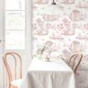 2 x HeloHo Peel and Stick Wallpaper Pink and White Toile Wall Paper Vintage Self Adhesive French Contact Paper Decoral for Bedroom Bathroom Living Room 17.3" X 78.7"