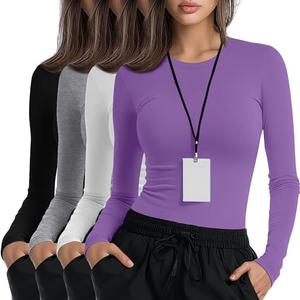 Xaatren 4 Pack Women's Underscrub Shirts Nurse Undershirts Long Sleeve Crewneck Slim Fit Tops Soft Stretchy Basic Tee (Purple, White, Black, Light Mixed Gray,X-Small)