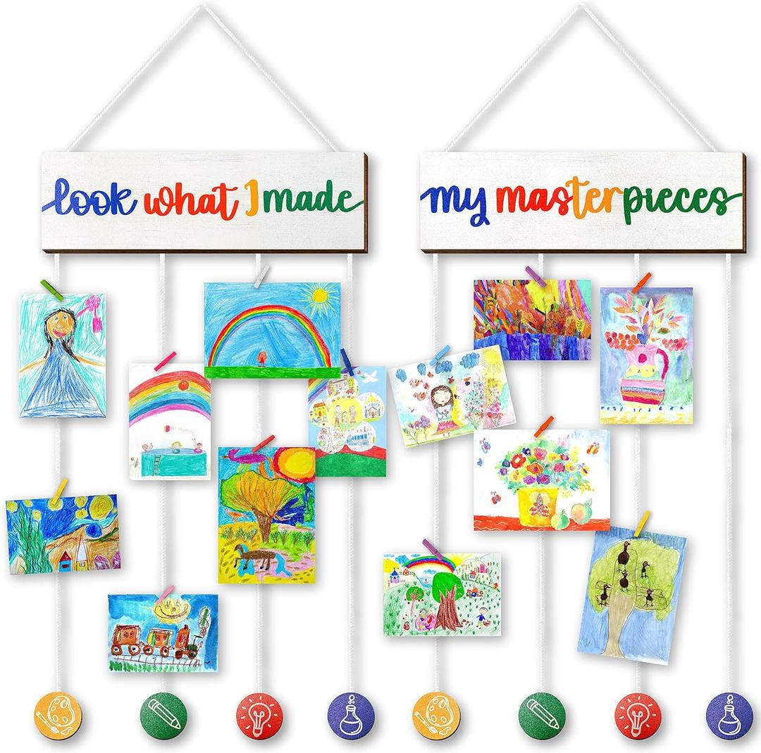 STOFINITY Kids Art Display for Wall - Children Artwork Display for Kids Art Hanger, Look What I Made Sign With Clips, Wood Hanging Child Picture, Artwork Storage Board for Bedroom Playroom Classroom