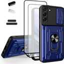 Wallet Case for Samsung Galaxy S22 6.1 Inch, Credit Card Driver's License Slot Sliding Door Hides Portable Design, Double Layer Hybrid Military Grade Rugged Shock Resistant Drop Case (Blue)