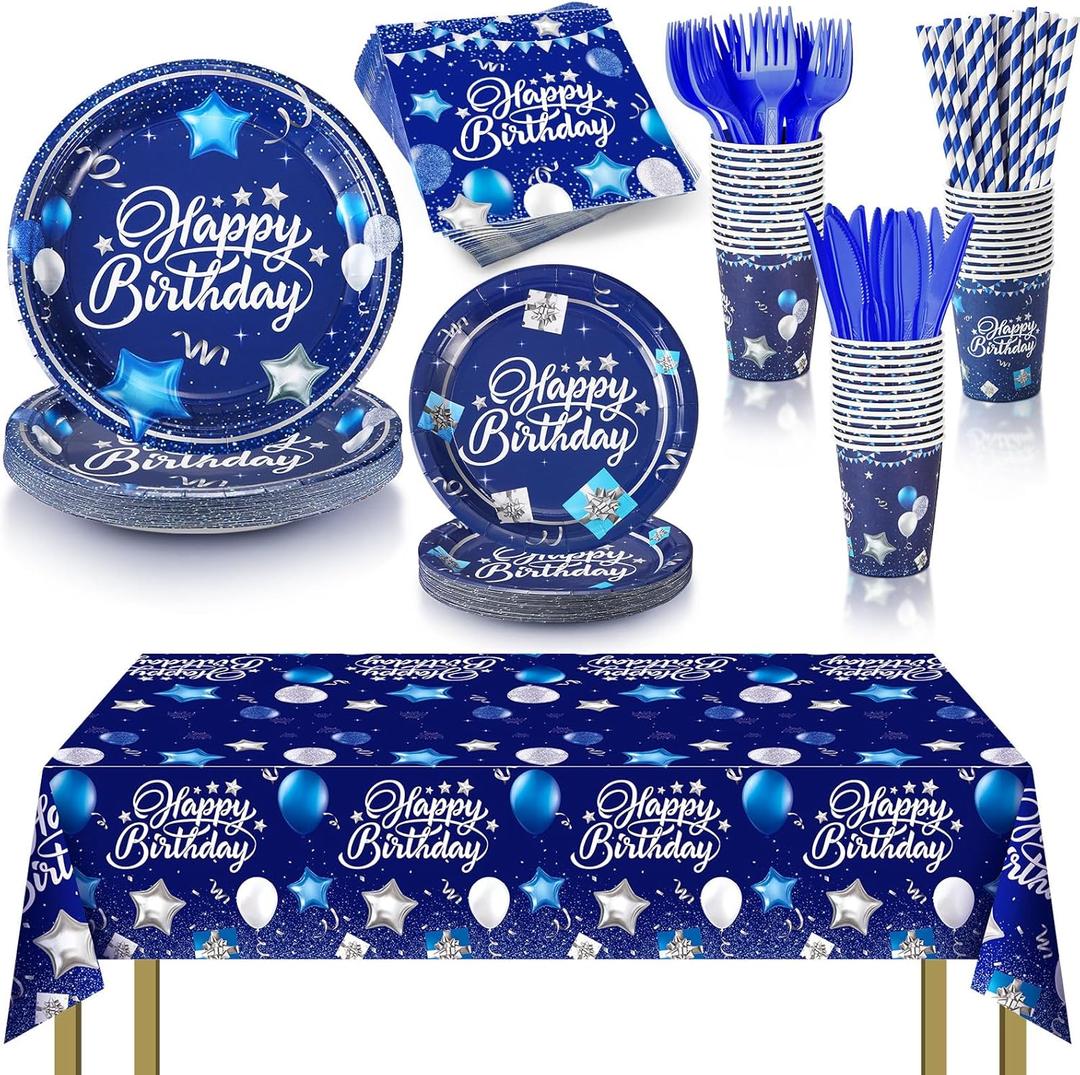 Norme 176 Pcs Navy Blue and Silver Birthday Tableware Set Birthday Decoration Includes Tablecloth Paper Plates Napkins Paper Cups Forks Knifes and Straws for 25 Guests Party Supplies (Classic)