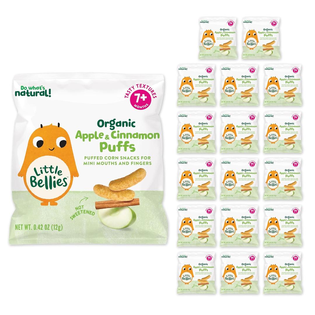 Little Bellies Organic Apple & Cinnamon Puffs Baby Snack (Pack of 18 x 0.42 oz Individual Packs) (EXP 10/29/25)