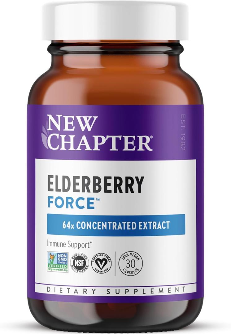 New Chapter Vegan Elderberry Capsules with 64x Concentrated Black Elderberry + Black Currant for Comprehensive Immune Support, Non-GMO Project Verified, Gluten Free, Certified Vegan, 30 Count (EXP: 04/29)
