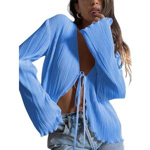 ZAFUL Women's Deep V Neck Tie Front Top Flare Sleeve Plisse Pleated Blouse Shirt Top Y2k Vintage Streetwear, M