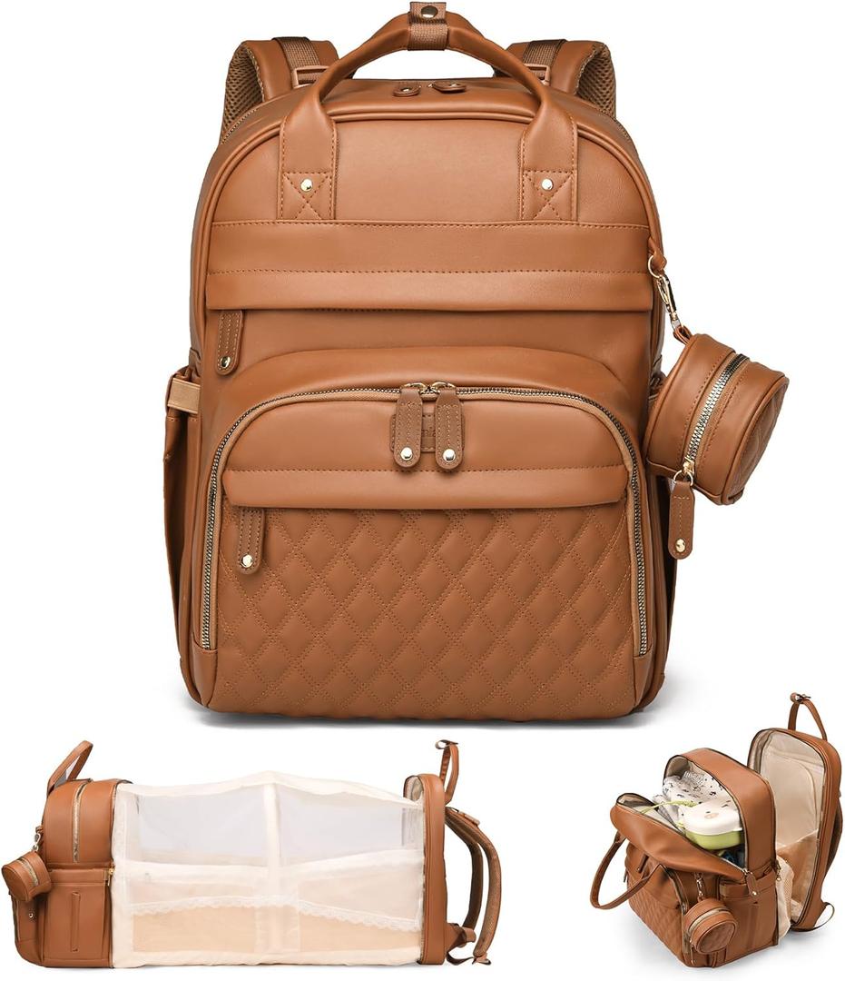 Leather Diaper Bags with Changing StationBaby BagLarge Capacity Diaper Bag Backpack for Moms Dads,Waterproof Diaper BackpackBrown