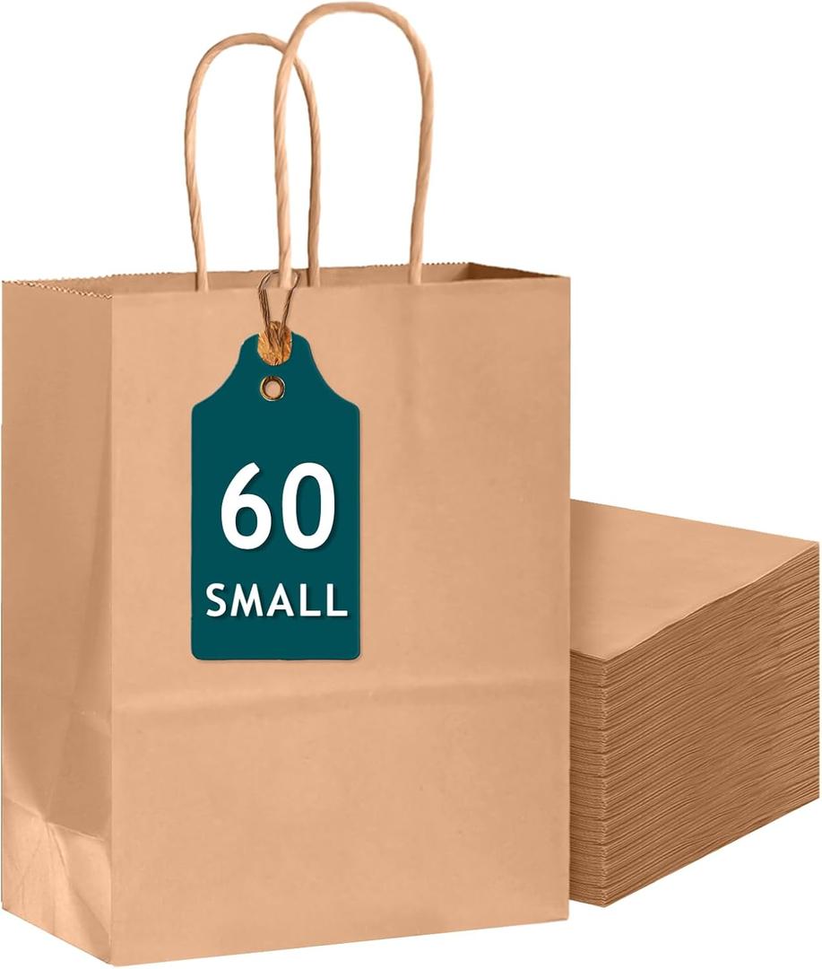 Bakepacker 60-Pack Small Size Gift Paper Bags with Handles Bulk 8.3"x6"x3.15" Brown Party Kraft Shopping Bags