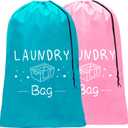 Sylfairy 2 Pack Extra Large Travel Laundry Bag, Dirty Clothes Organizer with Drawstring,Heavy Duty Travel Laundry Bags,Easy Fit a Laundry Hamper Travel Essentials (Pink+Blue, 24" x 36") + Pink Fabric