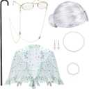 BBTO Old Lady Costume Granny Wig Grandma Shawl Grandma Cane Frame Glasses with Chain Faux Pearl Necklace Bracelet Earrings