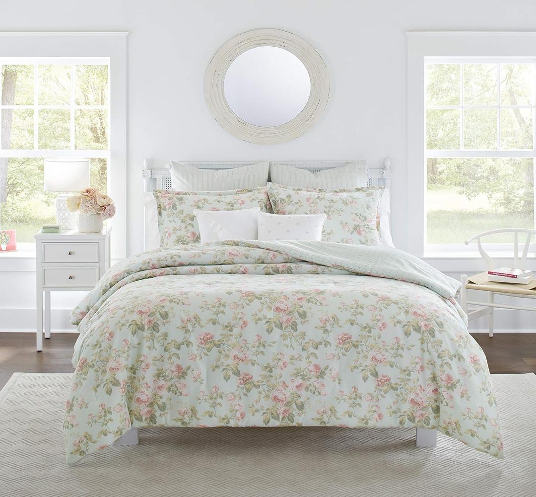 Laura Ashley Home - King Comforter Set, Reversible Cotton Bedding, Includes Matching Shams with Bonus Euro Shams & Throw Pillows (Madelynn Pastel Blue, King) (Blue/Green/Pink)