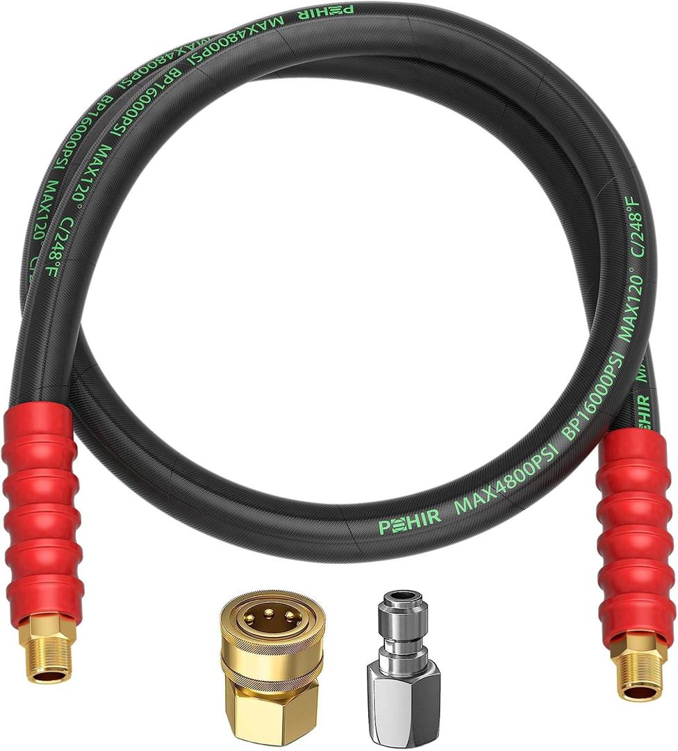 POHIR Pressure Washer Whip Hose 5FT, Reel Connector 248F Hot/Cold Water Jumper Hose 3/8" with Quick Connect Adapter, Industry Grade Steel Wire Braided & Synthetic Rubber Jacket 4800 PSI