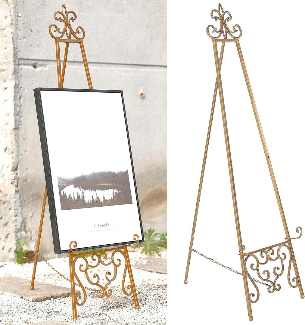 18.25"L x 25.5"W x 55"H Metal Scroll Extra Large Free Standing Adjustable Display Stand Easel with Chain Support, Heavy Duty Easel for Sign, Wedding, Picture Frame, Mirror, Gold (No Assembly Required)