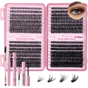 Unaone 640PCS Wispy Lash Clusters Kit - 9-16mm Natural DIY Eyelash Extensions (30D-60D), Individual Cluster Lashes for Volume with Lash Glue, Bond & Seal, Tweezers, Double-Ended Brush & Remover