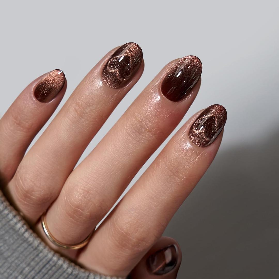 BTArtbox Extra Short Almond Press On Nails - Brown Cat Eye Press On Nails with Glue for Women, Opaque Soft Gel Glue On Nails in 16 Sizes - 32 Stick On Nails Kit, Heart Coffee Art